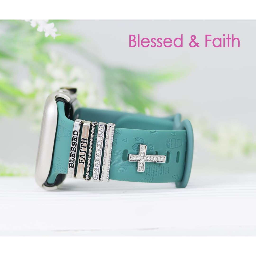ESWEUOOM Women Blessed and Faith Cross Watch Band Charms for Apple Watch 38mm 40mm 41mm 42mm 44mm 45mm 49mm , Men Silver Metal Slide Decorative Rings Loops For iWatch series 8 7 6 5 4 3 2 se,For Samsung Galaxy watch 5/4,Christian Smart Watchband Charms St