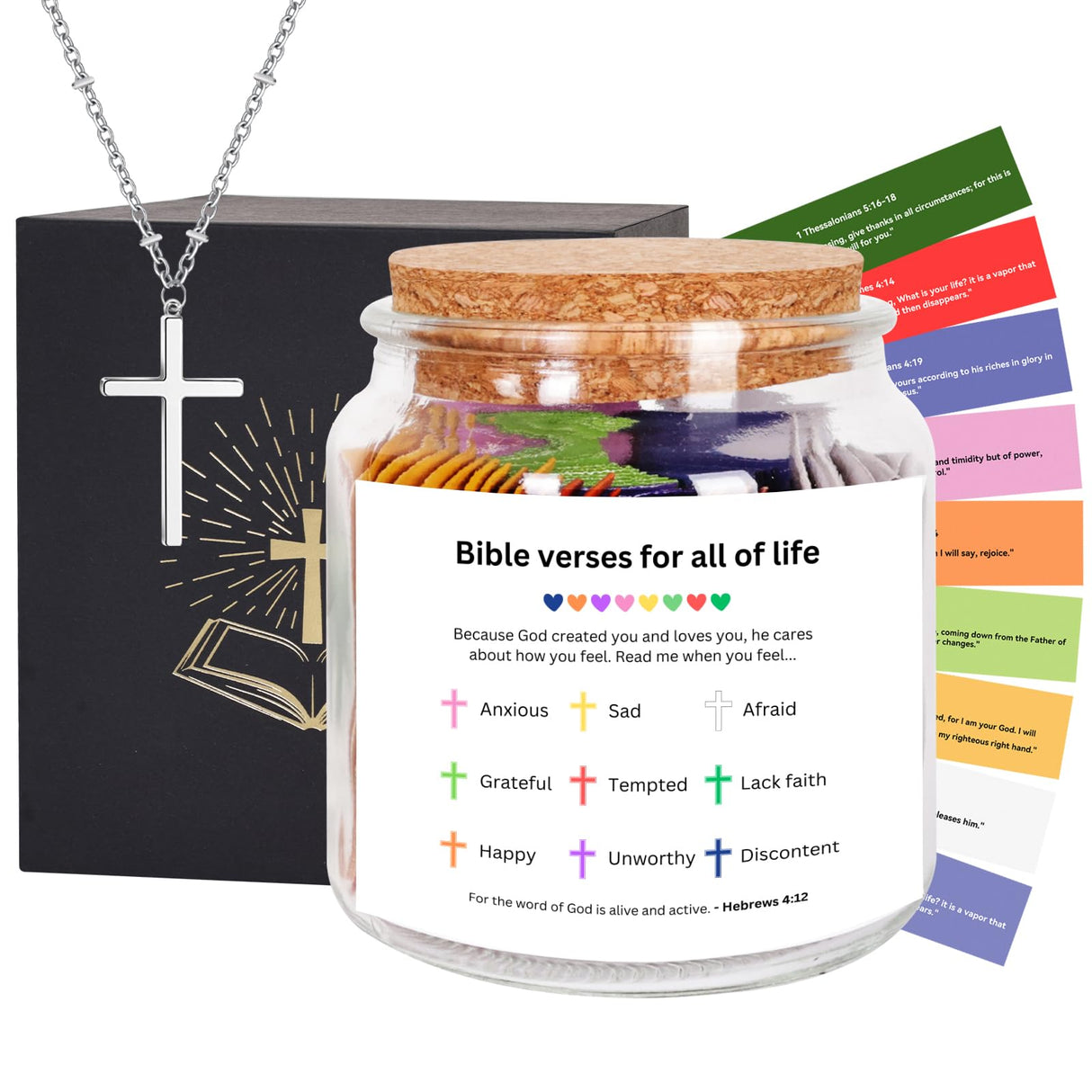 Large Size Bible Verse Jar, Christian Gifts for Women, Prayer Jar with 108Pcs Bible Verses and Silver Cross Necklace, Birthday Gifts for Women, Christian Easter Basket Stuffers