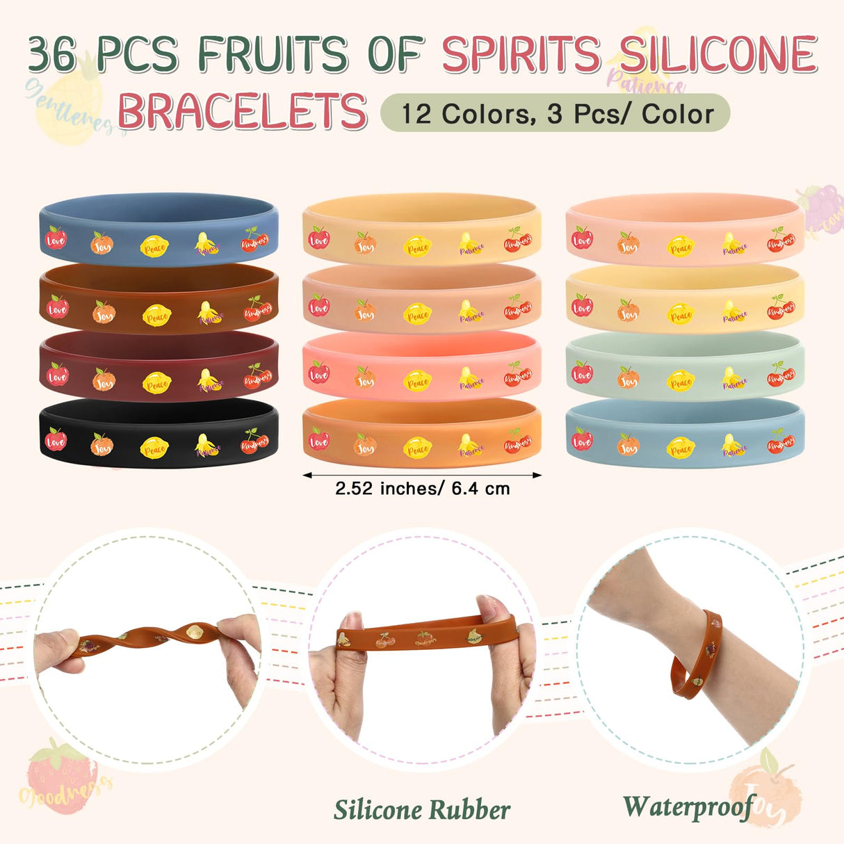 Sayglossy 108 Pcs Fruit of the Spirit Gifts Bulk 36 Christian Ballpoint Pens 36 Fruit Silicone Bracelet and 36 Inspirational Cards, Mother's Day Holy Week Gift for Church Sunday School Students