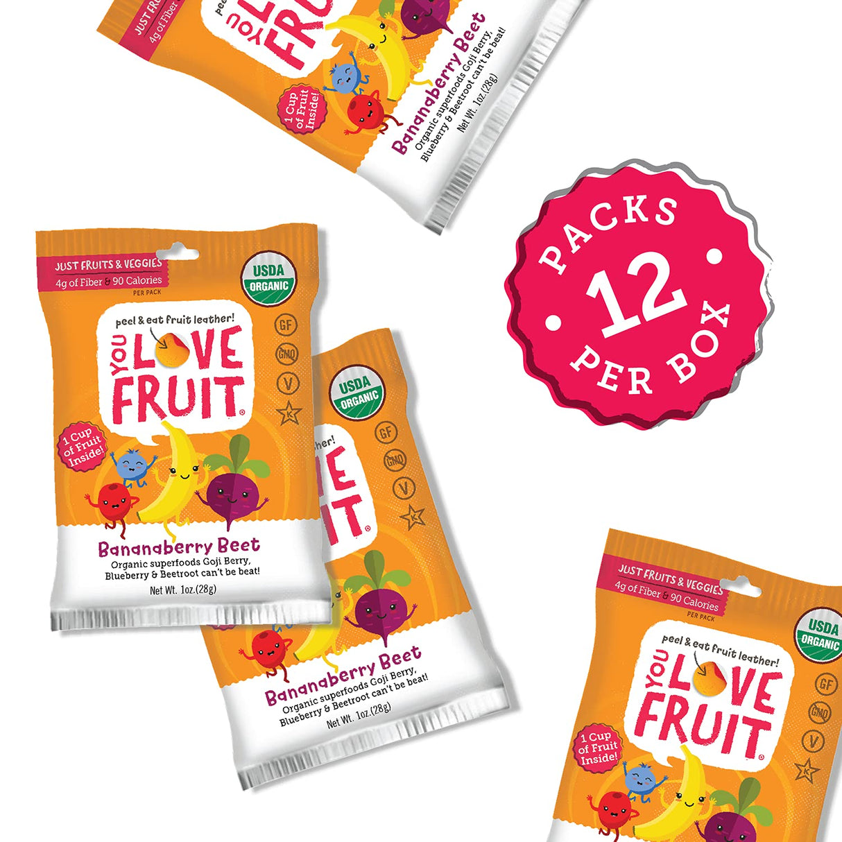 YOU LOVE FRUIT – BANANABERRY BEET All Natural Fruit Snacks, Healthy Snack Pack, Real Fruit! Gluten Free, Non GMO, Vegan, Fiber packed, Low Fat, Kosher, Variety Pack, Great For Adding To Gift Box, 1.0 oz (Pack of 12)