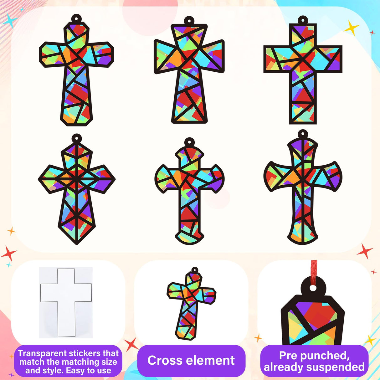 Sinload 24 Sets Religious Cross Crafts Religious Tissue Paper Christian Crafts Kit DIY Christian Art Kit Resurrection Church Ornaments Jesus Sunday School Gifts