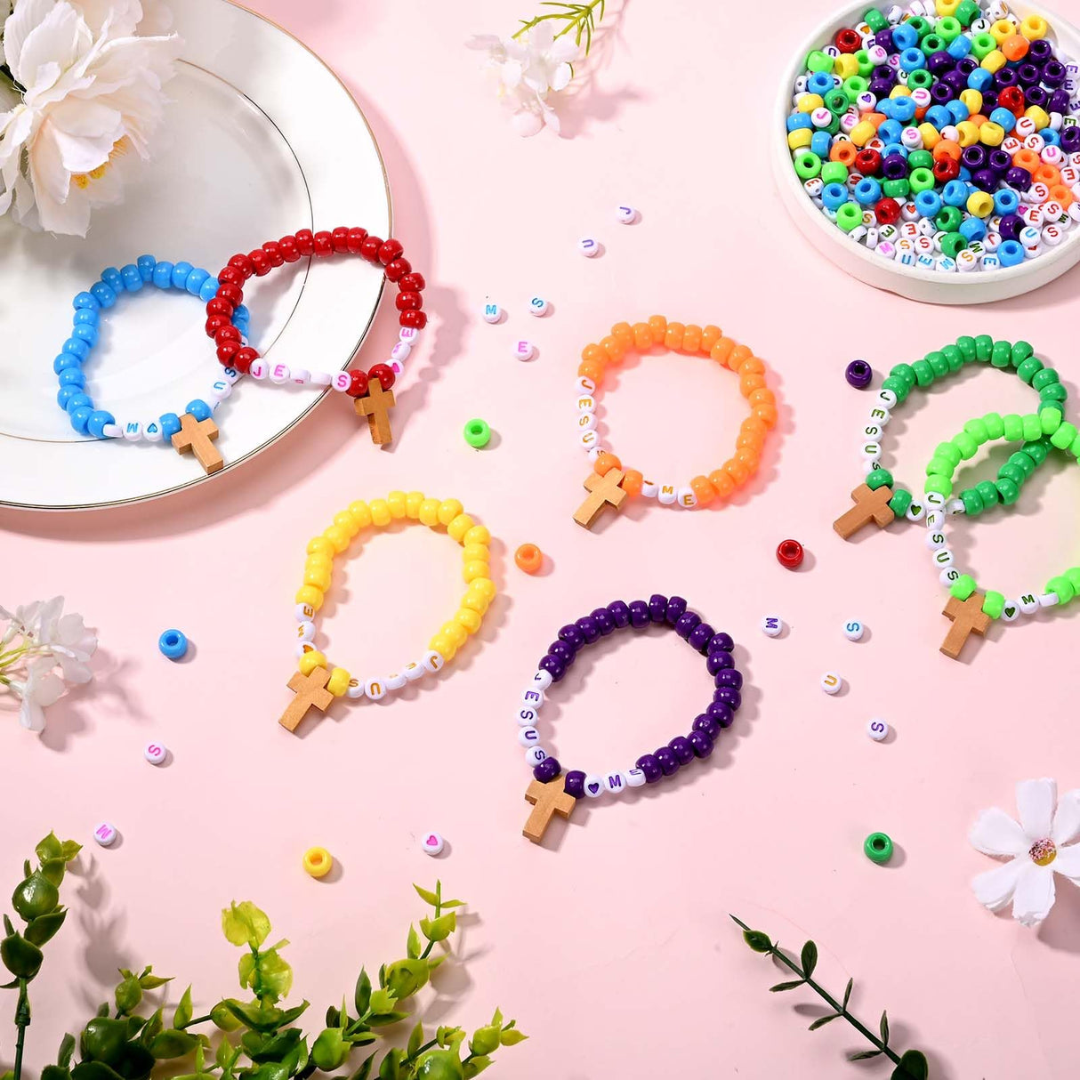 Sanixin 32 Set Jesus Love Me Faith DIY Bead Craft Kit Making Religious Bracelet Beads for VBS Week Sunday School Bible Verse Gifts Wooden Cross Bracelet Craft Kit