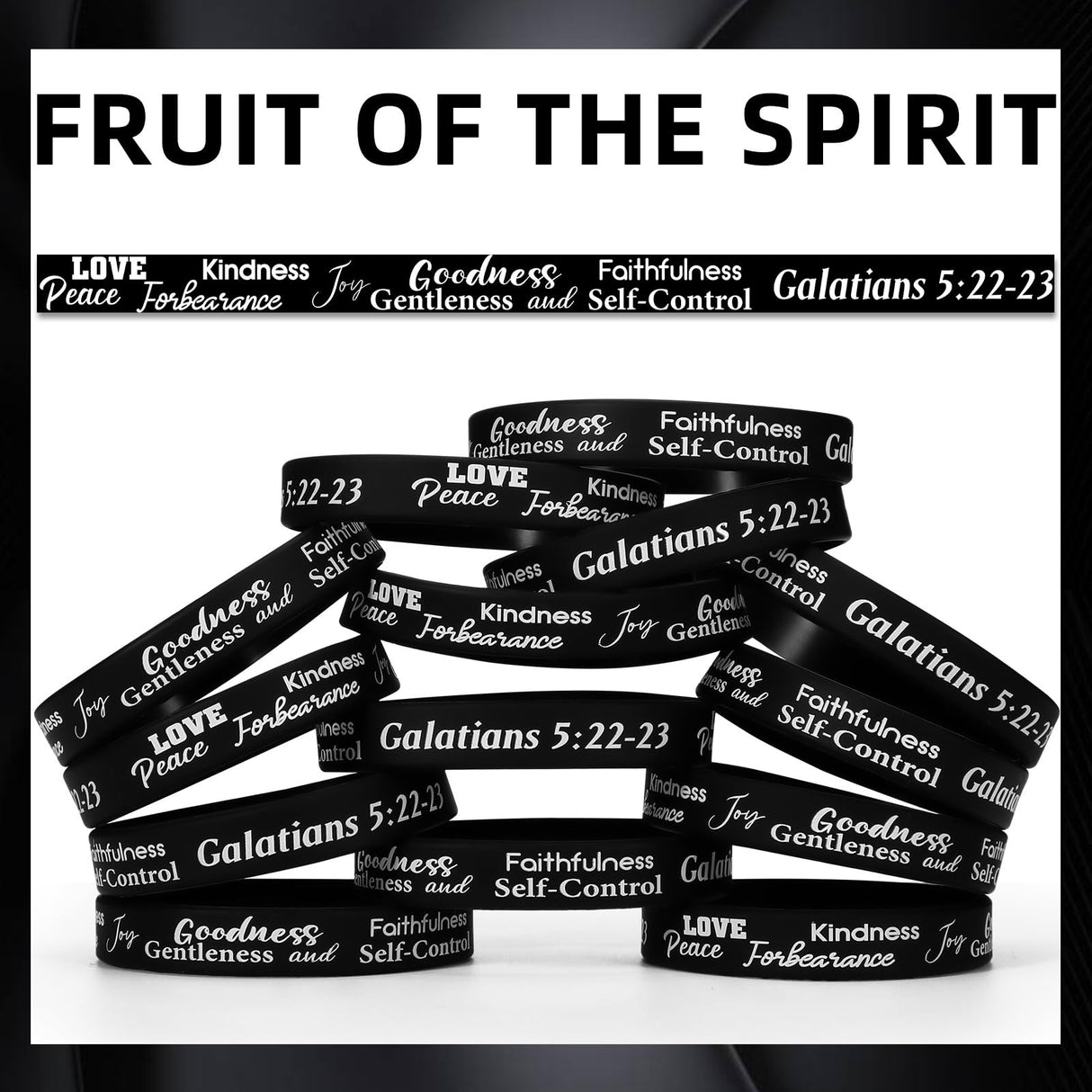 Huquary 48 Pcs Fruit of the Spirit Bracelet Inspirational Scripture Christian Silicone Bracelets Bulk Religious Motivational Love Joy Peace Patience Wristband Gift Fruit of the Spirit Decor(Black)