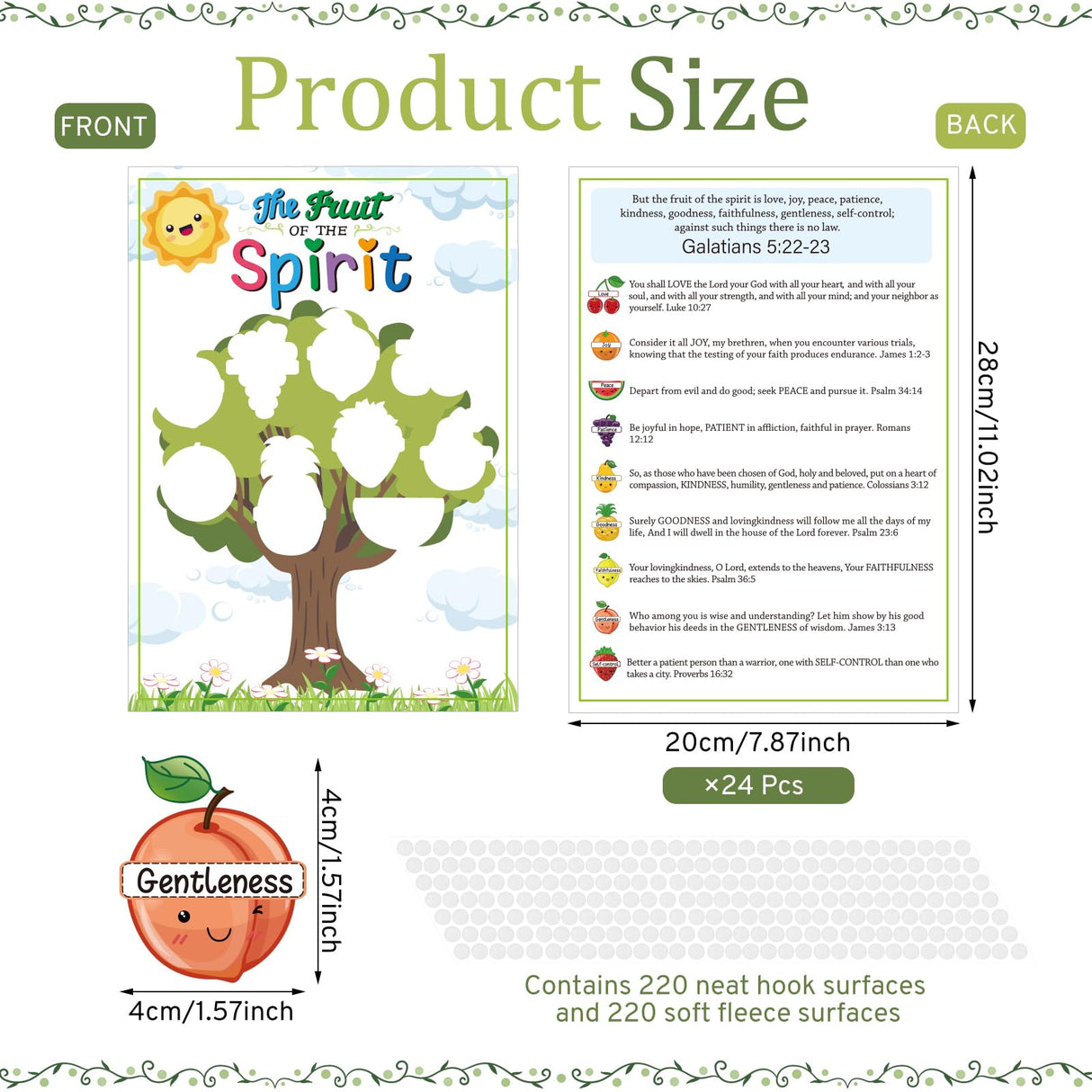 Motipuns 24 Sets Fruit of The Spirit Game Craft for Kids 24 Bible Verse Tree Cards 24 Fruit Cutouts with 220 Adhesive dots for Religious Homeschool Game Sunday School Educational Activity