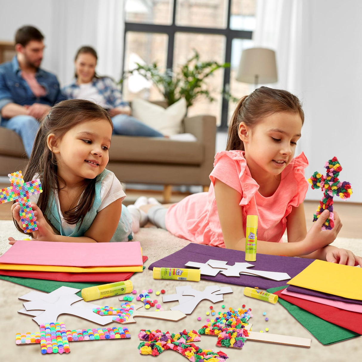 Blueweenly 30 Sets Cross Crafts for Kids DIY Christian Bible Crafts Sunday School Vbs Supplies Religious Wooden Cross Sticky Boards with Tissue Paper Beads Gift for Church Activities