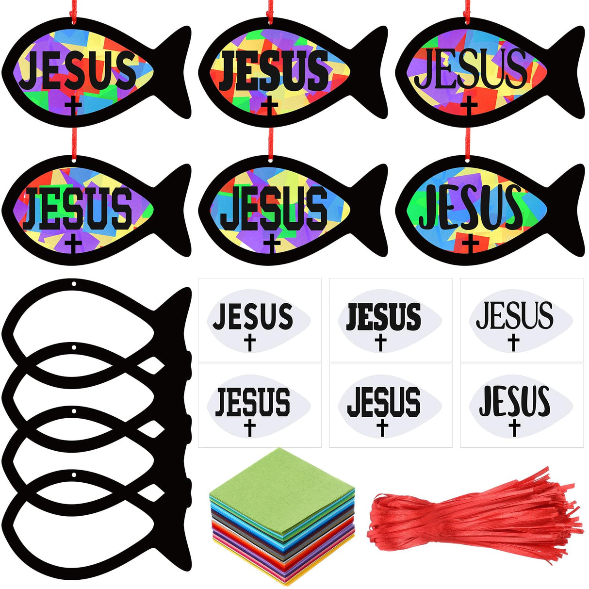 Sinload 24 Sets Faith Fish Craft Kit DIY Christian Jesus Fish Craft Religious Cross Tissue Paper Hanging Ornament for Home Church Bible Sunday School Activities