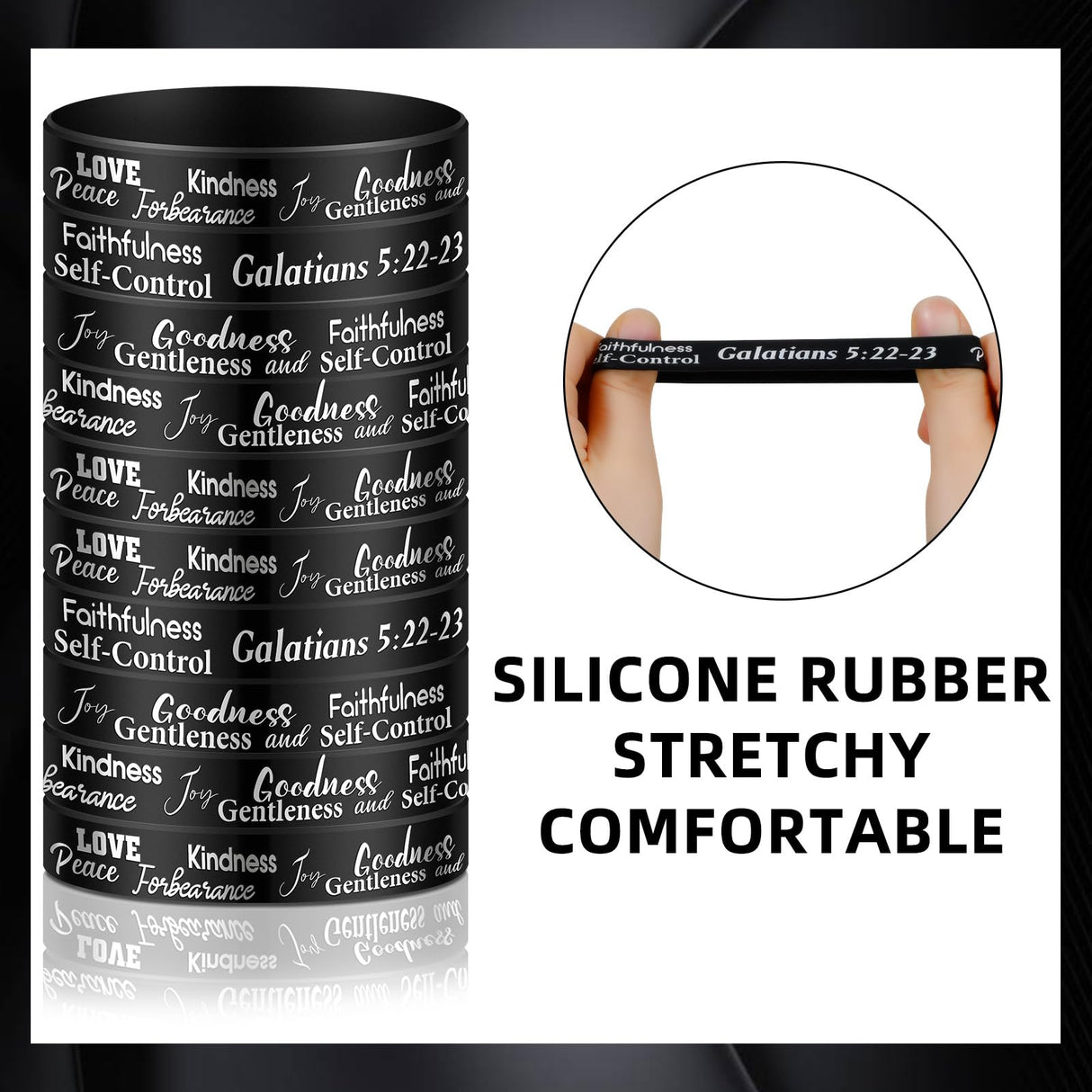 Huquary 48 Pcs Fruit of the Spirit Bracelet Inspirational Scripture Christian Silicone Bracelets Bulk Religious Motivational Love Joy Peace Patience Wristband Gift Fruit of the Spirit Decor(Black)