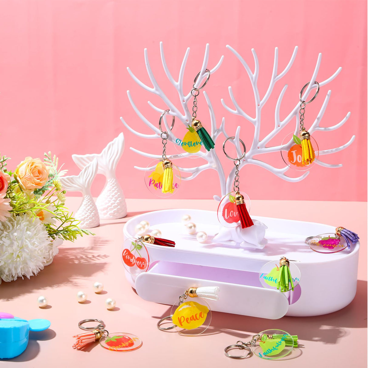 Fumete 45 Pcs Employee Appreciation Gift Keychains Acrylic Fruits of the Spirit Pun Key Rings Thank You Bible Keychain(Bible)