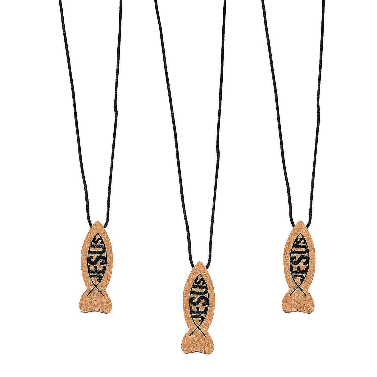 Fun Express Wooden Jesus Fish Necklaces Set - Religious Jewelry for Church VBS Sunday School Handouts & Faith-Based Events - Ideal for Spiritual Celebrations Religious Gifts and Worship - 12 Pieces