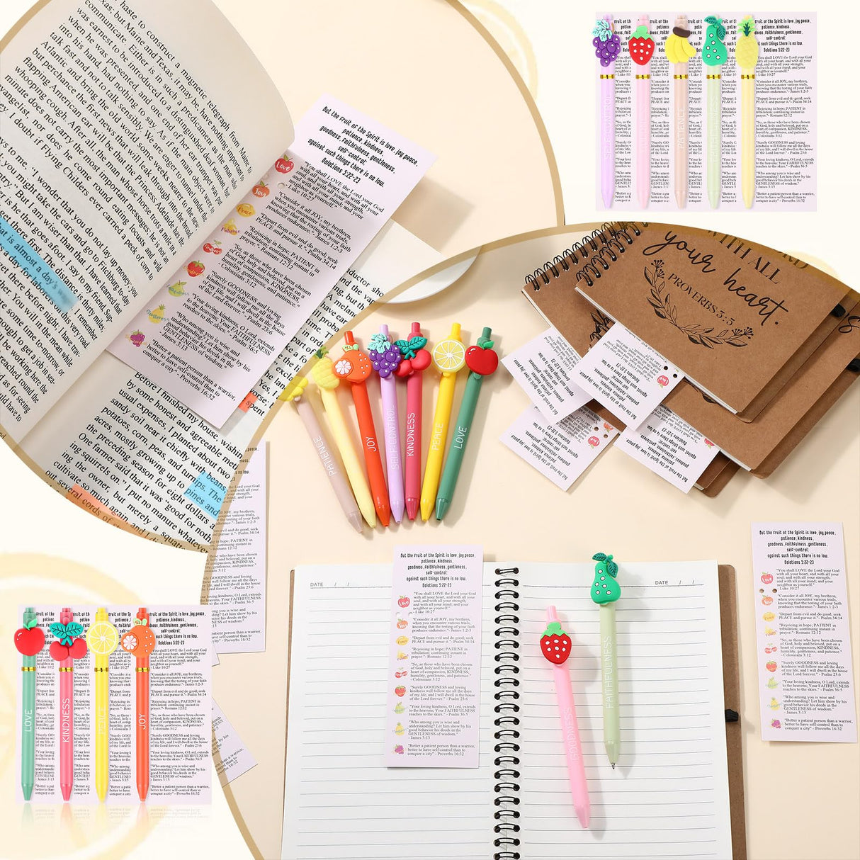 Gilprop 36 Set Easter Fruit Religious Gifts Christian Pens with Spirit Bookmarks for Kids Spiritual Fruit Bible Verse Pens Classroom Gifts for Students Graduation Church Vacation Bible School
