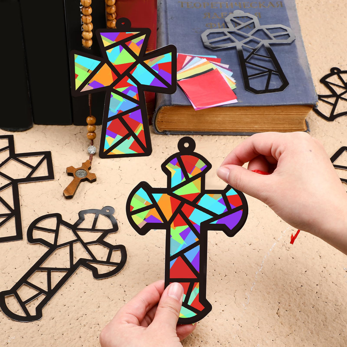 Sinload 24 Sets Religious Cross Crafts Religious Tissue Paper Christian Crafts Kit DIY Christian Art Kit Resurrection Church Ornaments Jesus Sunday School Gifts