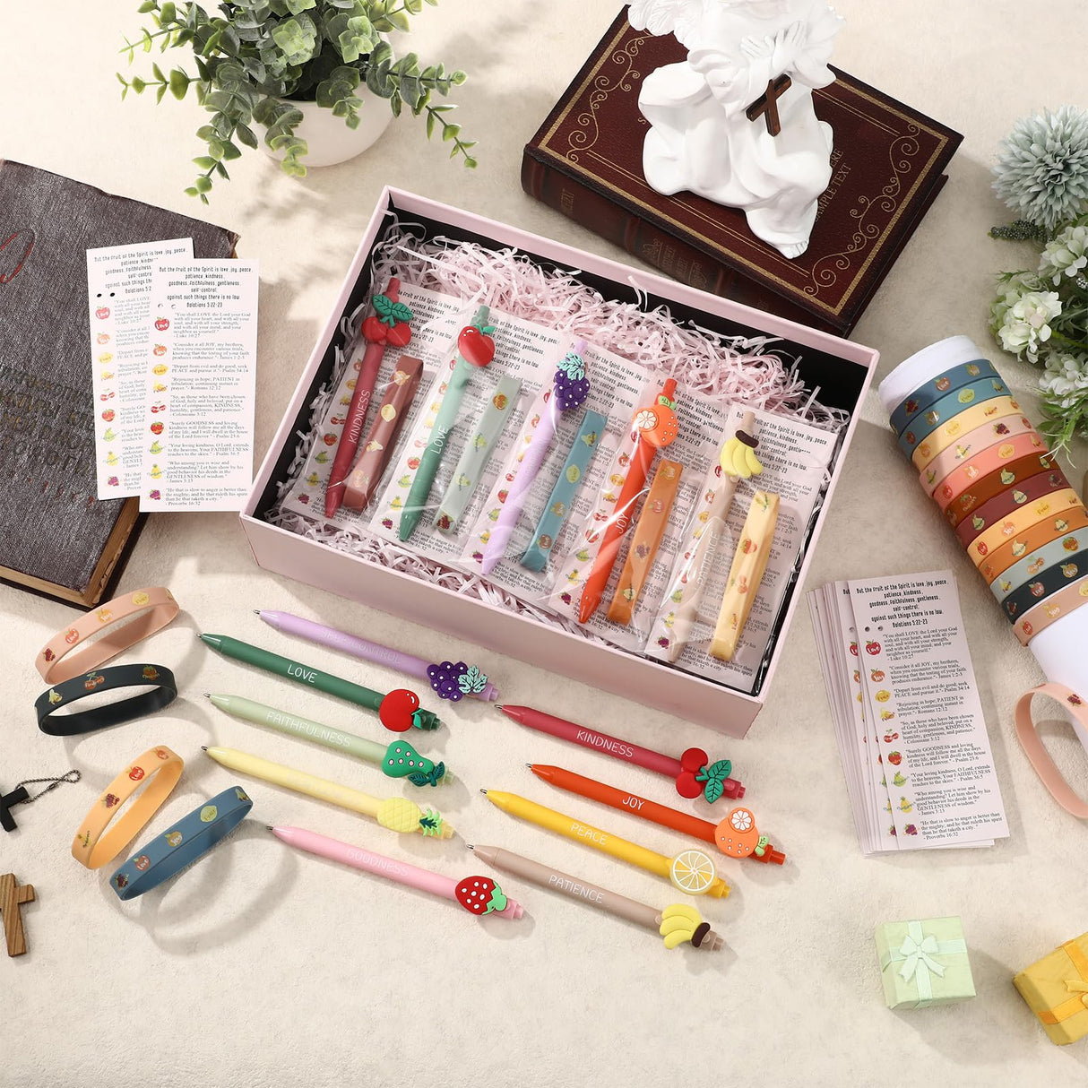 Sayglossy 108 Pcs Fruit of the Spirit Gifts Bulk 36 Christian Ballpoint Pens 36 Fruit Silicone Bracelet and 36 Inspirational Cards, Mother's Day Holy Week Gift for Church Sunday School Students