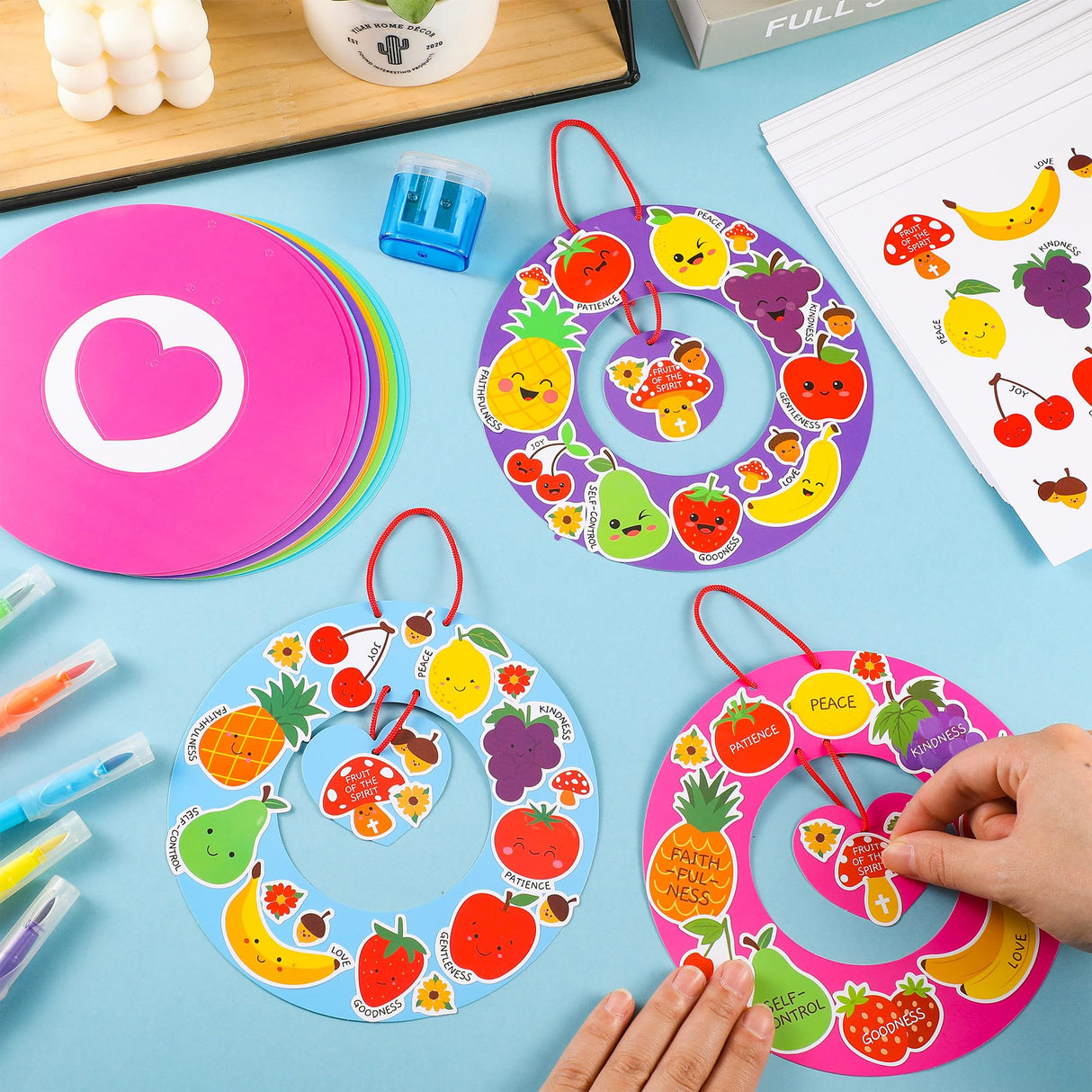 HyDren 24 Set Fruit of The Spirit Wreath Craft Kit for Kids Christian Religious DIY Wreath Craft Kit Make Your Own Fruit of The Spirit Ornament Sunday School Classroom Arts Activities Decor Supplies
