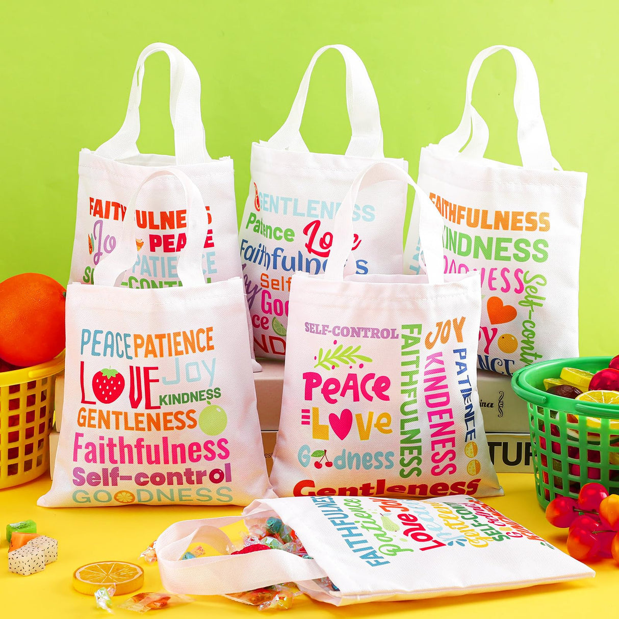 SilTriangle 36 Pcs Fruit of the Spirit Tote Bags for Kids Religious Bible Verse Tote Christian Gift Bags with Handles Party Favor for Easter Gifts Sunday School Church Party Supplies