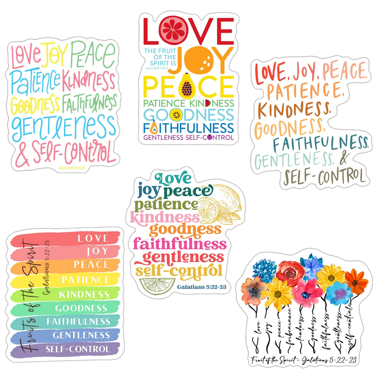 Pack of 6 Galatians 5 22-23 The Fruit Of The Spirit Is Love Joy Peace Waterproof Vinyl Sticker Bible Verse, Inspirational Scripture Quotes, for All Ages, All ages, Applicable To Many Surfaces 3 Inches