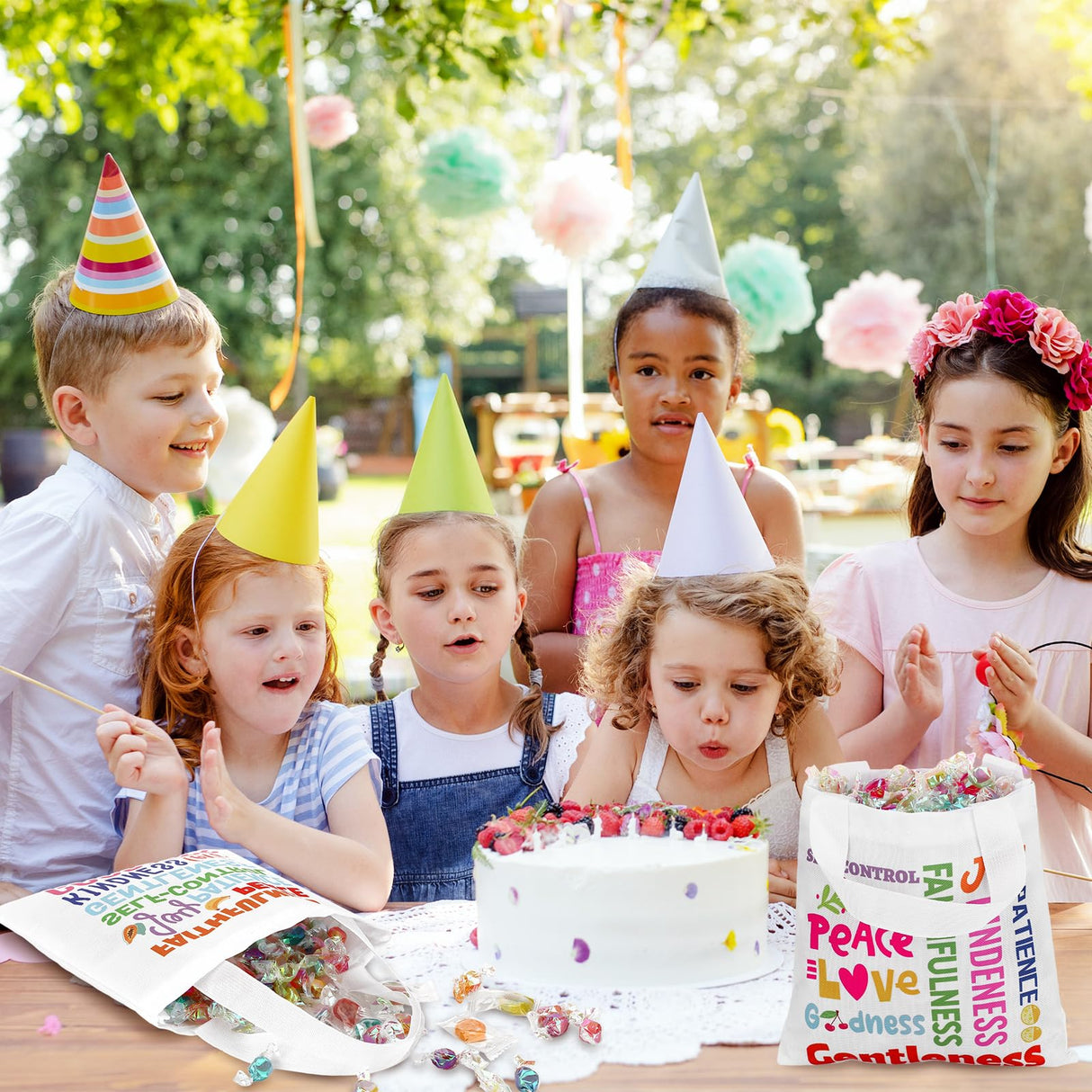 SilTriangle 36 Pcs Fruit of the Spirit Tote Bags for Kids Religious Bible Verse Tote Christian Gift Bags with Handles Party Favor for Easter Gifts Sunday School Church Party Supplies