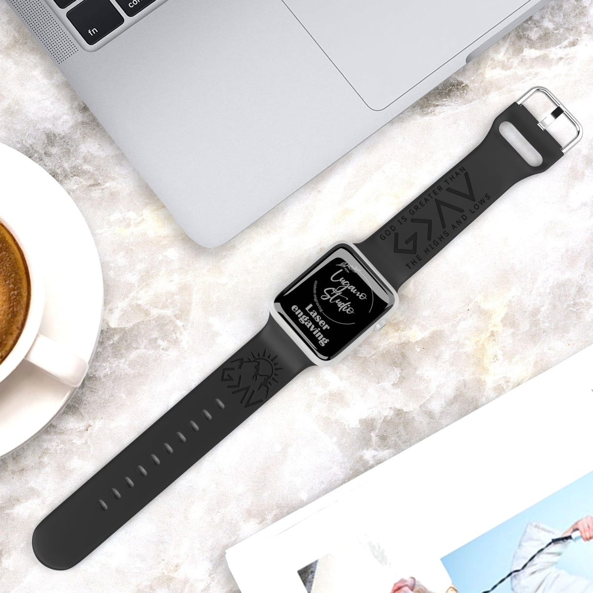 God is Greater Than the Highs and Lows Watch Band compatible with Apple Watch Laser Engraved iWatch Band Silicone 38mm 40mm 41mm 42mm 44mm 45mm 46mm 49mm Strap Jesus Psalm Christian God Blessed (42/44/45/46/49mm M/L, Black)