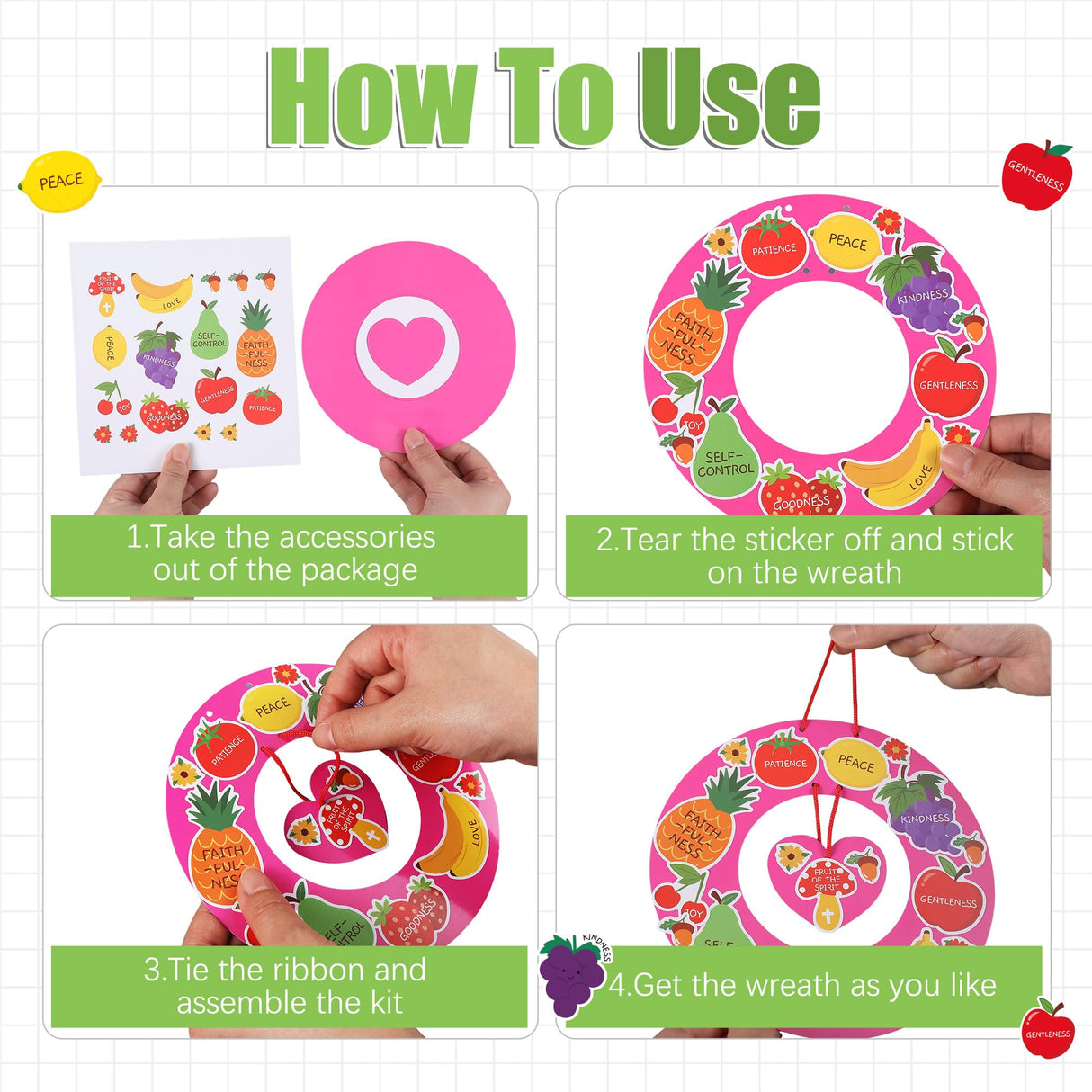 HyDren 24 Set Fruit of The Spirit Wreath Craft Kit for Kids Christian Religious DIY Wreath Craft Kit Make Your Own Fruit of The Spirit Ornament Sunday School Classroom Arts Activities Decor Supplies