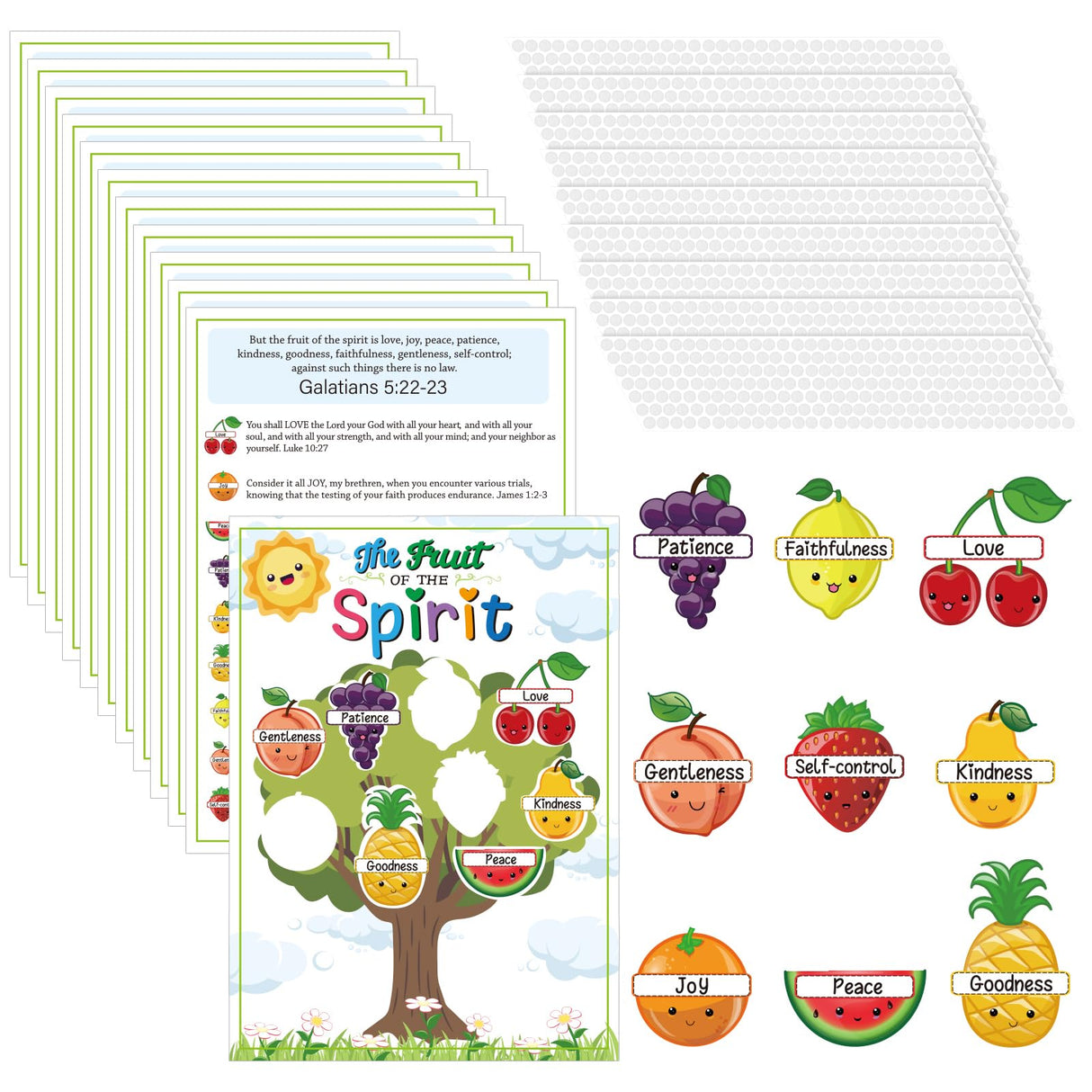 Motipuns 24 Sets Fruit of The Spirit Game Craft for Kids 24 Bible Verse Tree Cards 24 Fruit Cutouts with 220 Adhesive dots for Religious Homeschool Game Sunday School Educational Activity