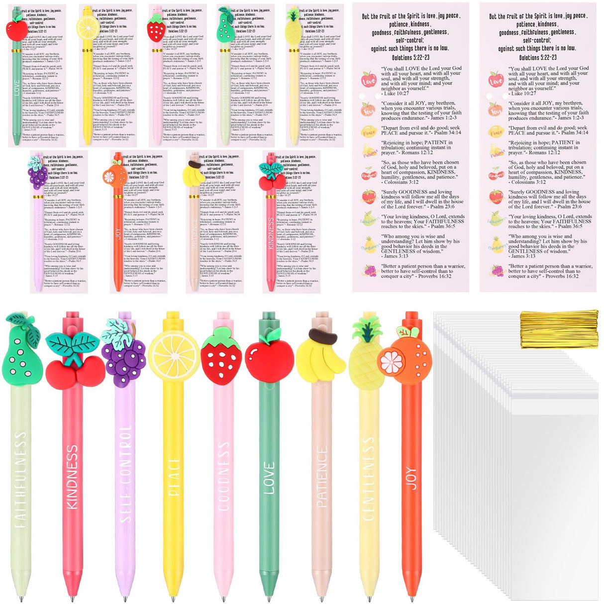 Gilprop 36 Set Easter Fruit Religious Gifts Christian Pens with Spirit Bookmarks for Kids Spiritual Fruit Bible Verse Pens Classroom Gifts for Students Graduation Church Vacation Bible School