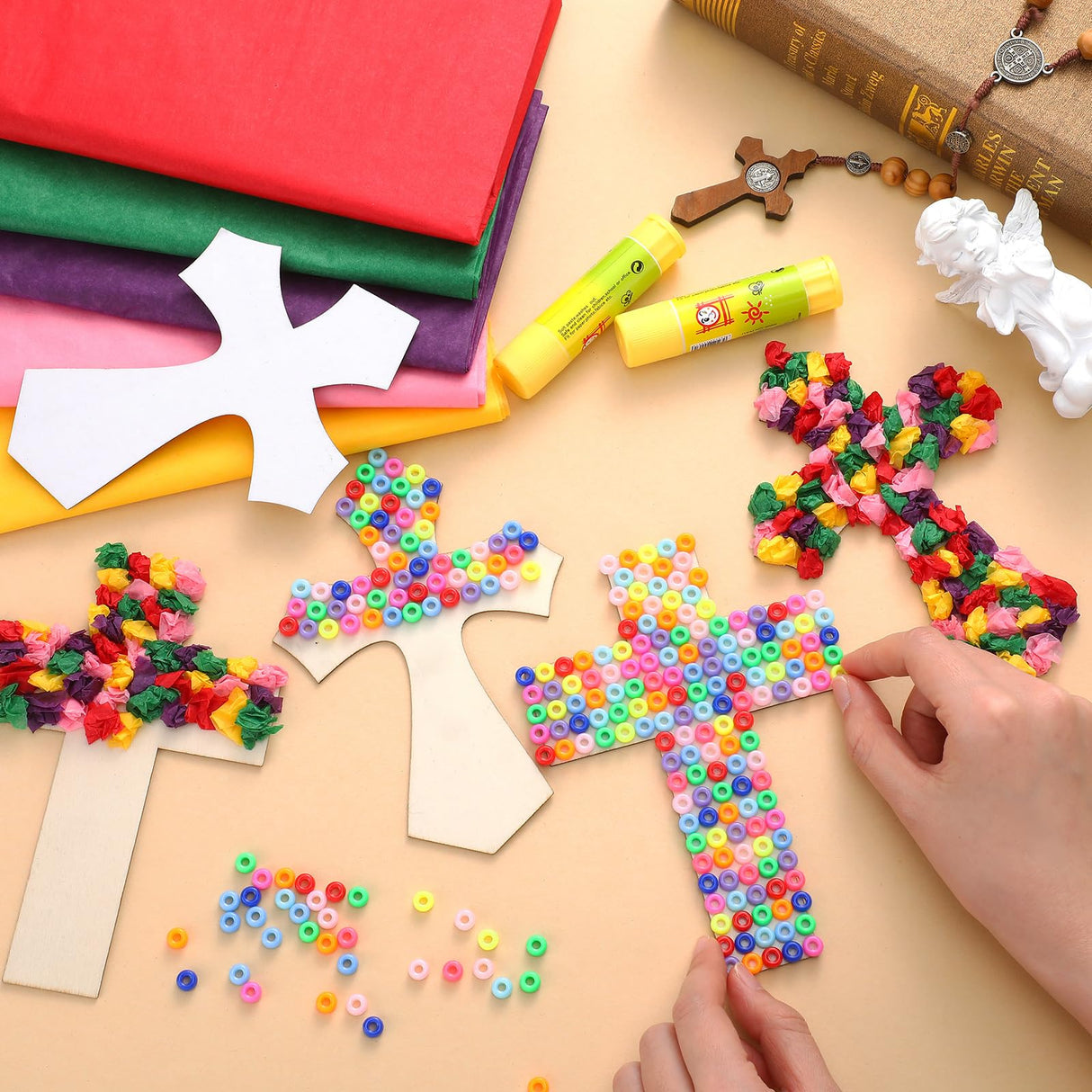 Blueweenly 30 Sets Cross Crafts for Kids DIY Christian Bible Crafts Sunday School Vbs Supplies Religious Wooden Cross Sticky Boards with Tissue Paper Beads Gift for Church Activities
