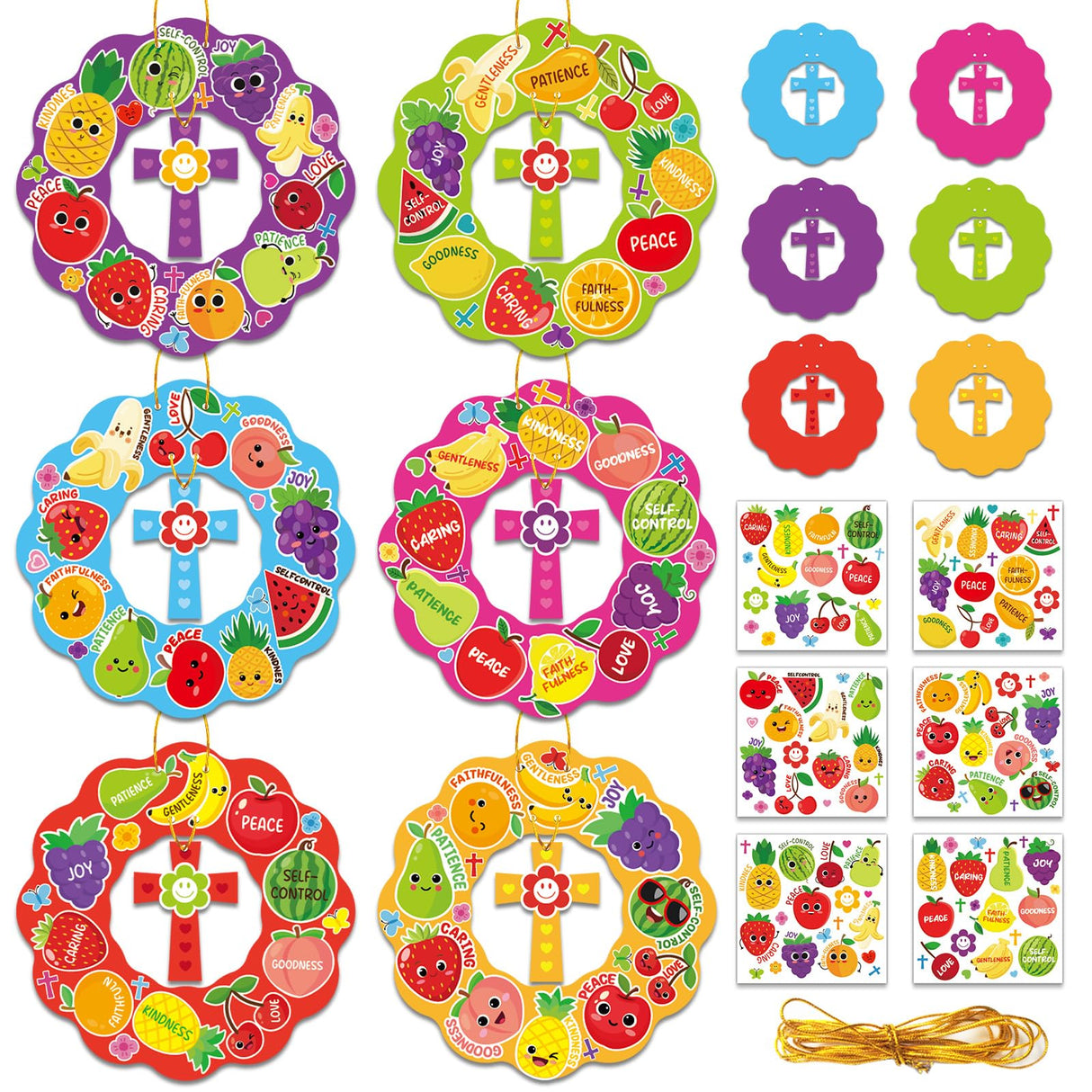 30 Set Fruit of The Spirit Wreath Craft Kit for Kids Sunday School Christian DIY Crafts Make Your Own Religious Fruits Stickers Hanging Ornament for Classroom Arts Activities Home Decor Supplies