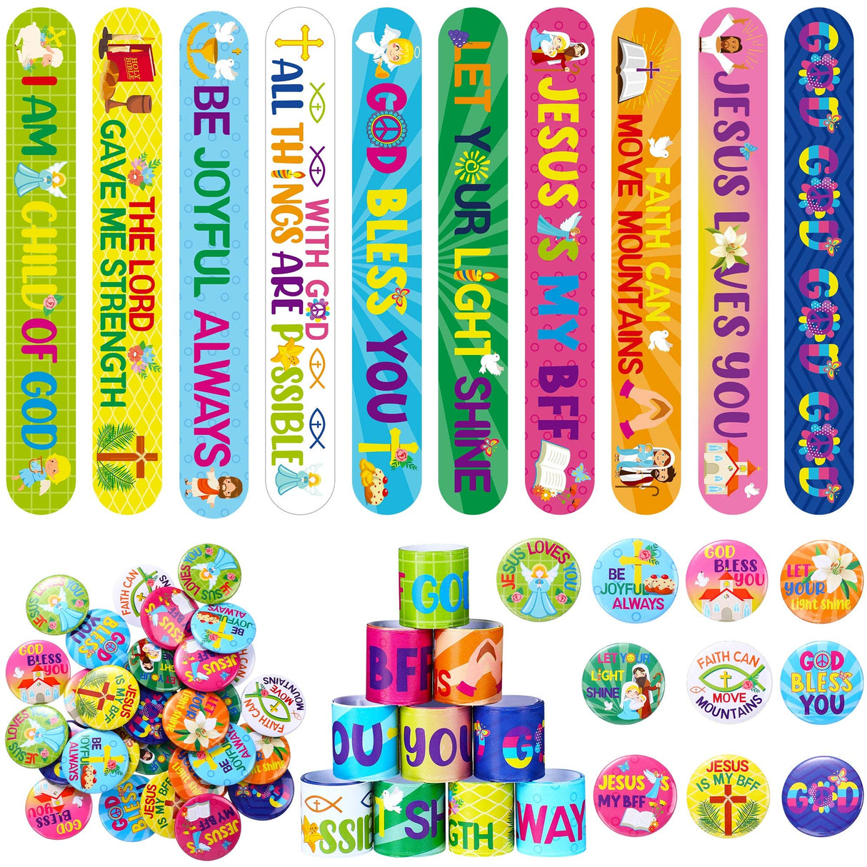 Frienda 60 Pcs Religious Gifts Christian Slap Bracelets with Badges Christian Gifts for Kids Jesus Love You Wristbands Bracelets for Vbs Sunday School Supplies Birthday Party Favors(God)