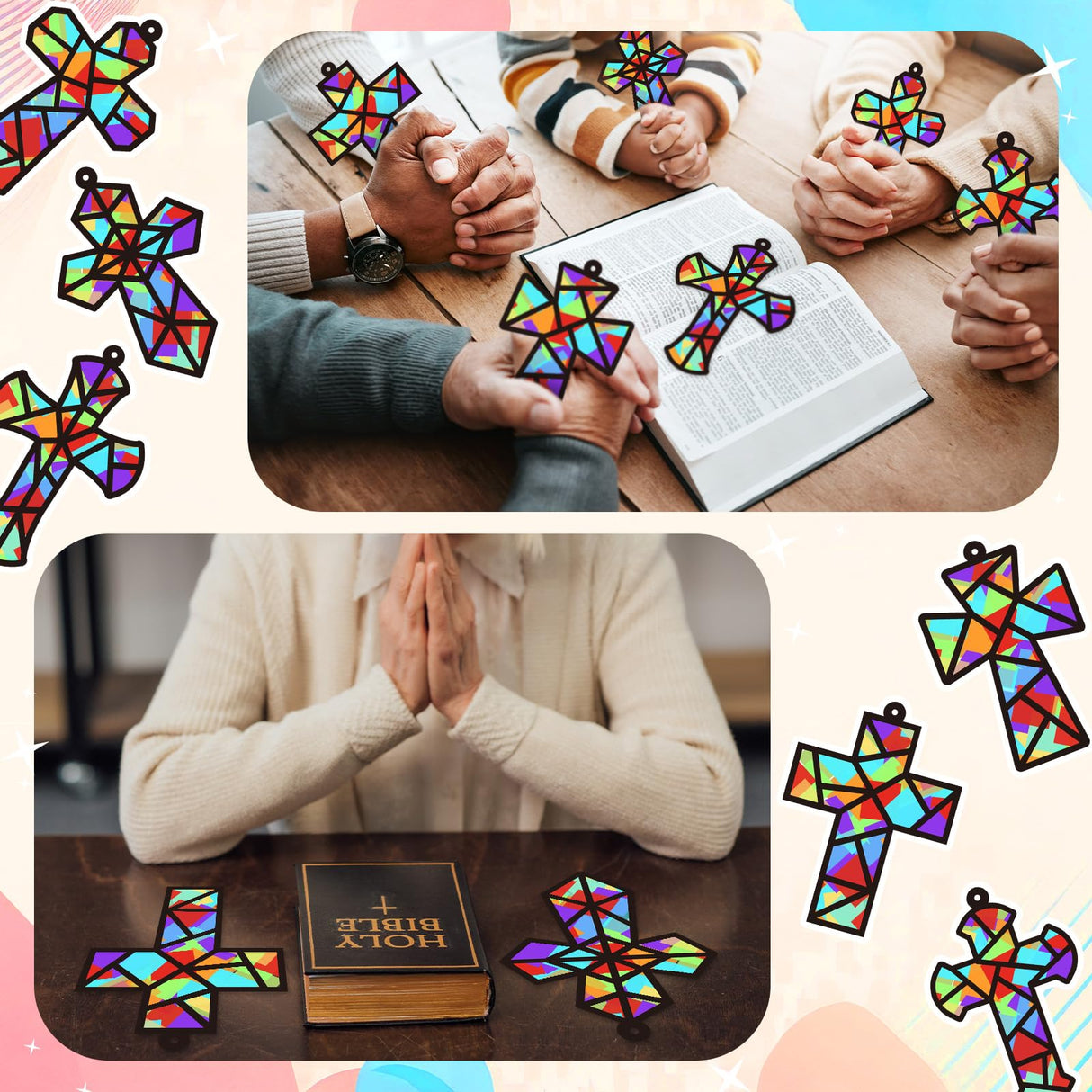 Sinload 24 Sets Religious Cross Crafts Religious Tissue Paper Christian Crafts Kit DIY Christian Art Kit Resurrection Church Ornaments Jesus Sunday School Gifts
